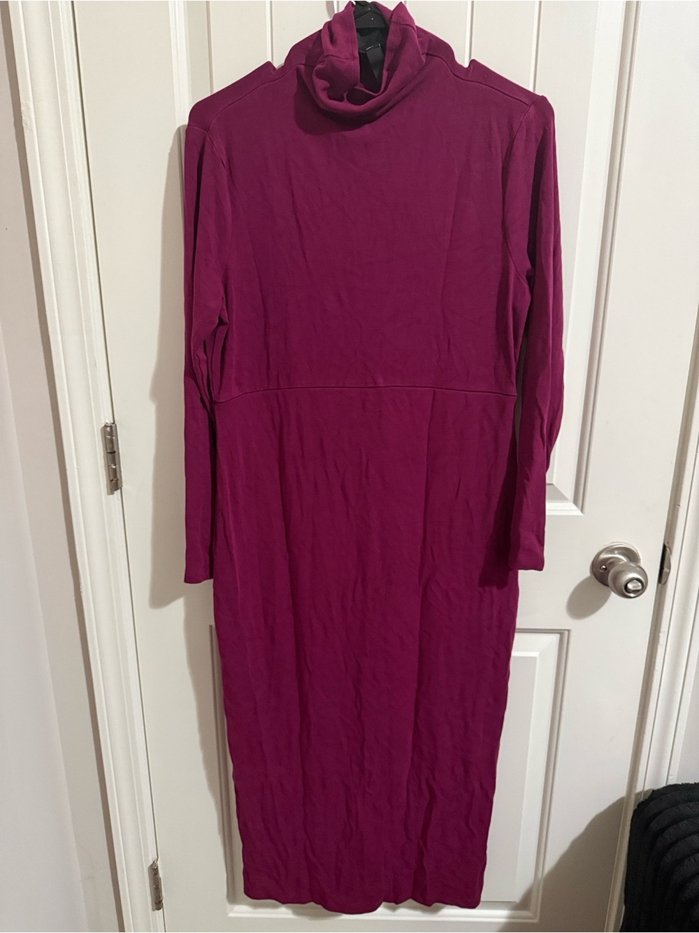 Women with Control Long Sleeve Turtleneck Midi Dress in Magenta Size S